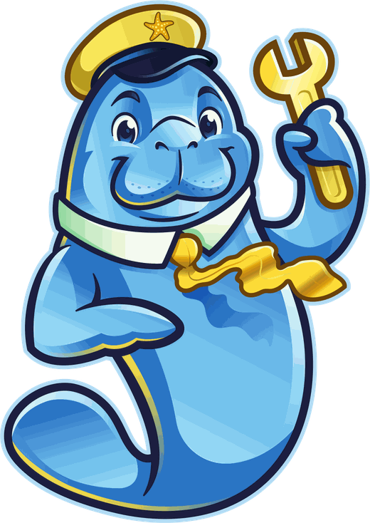 Oceanview dolphin mascot technician holding a wrench
