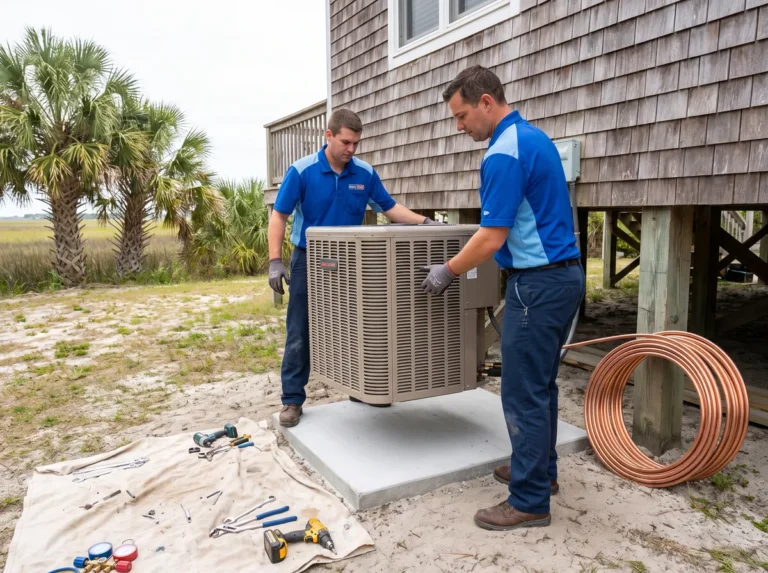 Two Oceanview installers setting a new AC condenser on a concrete pad