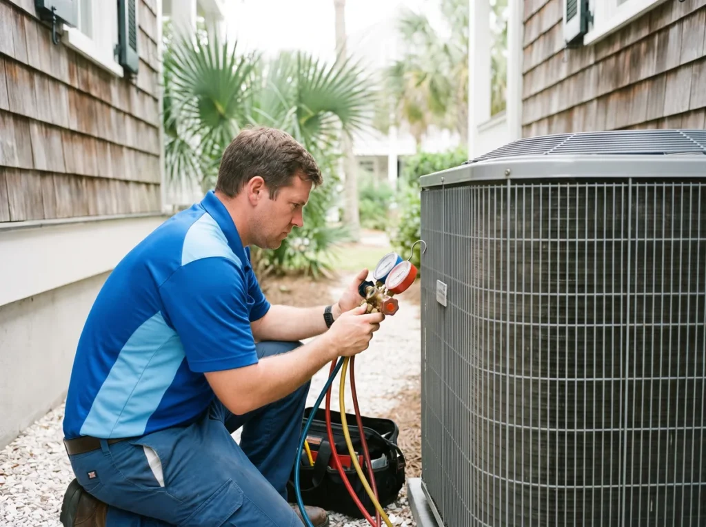 A technician kneels beside a home's AC condenser, using gauges to check refrigerant pressure.