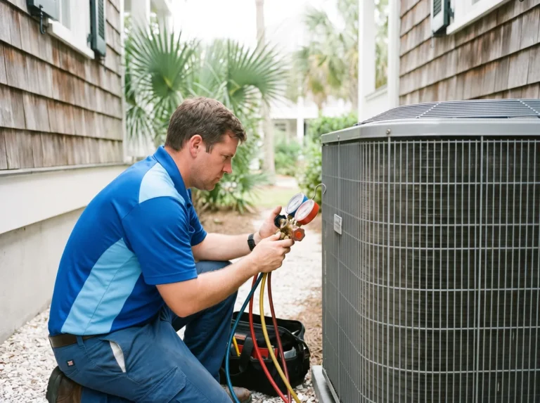 Oceanview technician checking refrigerant gauges on an outdoor AC condenser