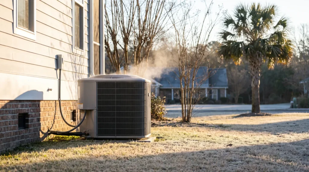 Residential outdoor heat pump running beside a South Carolina home on a frosty winter morning