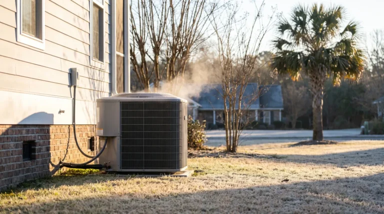 Residential outdoor heat pump running beside a South Carolina home on a frosty winter morning