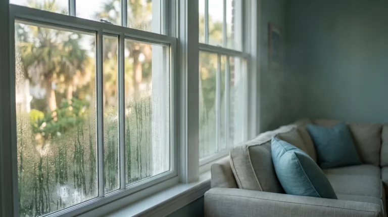 Water droplets forming on the inside of a window in a humid Charleston living room
