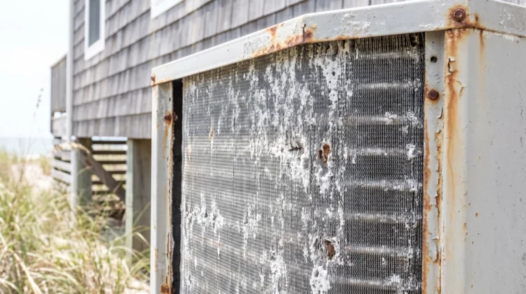 Close-up of corroded aluminum fins and cabinet on an outdoor air conditioning unit near the coast