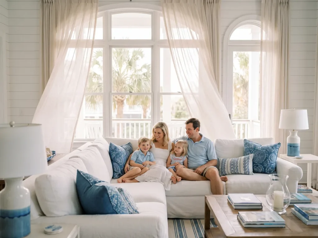 A family of four relaxes together on a white sofa in a sunlit coastal-style living room.
