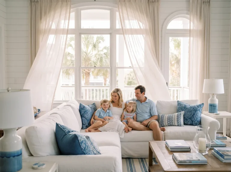Family relaxing in a cool comfortable Charleston living room