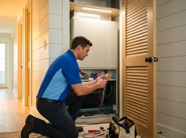 Oceanview technician servicing an indoor heat pump air handler