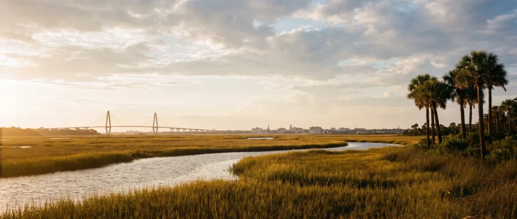 Charleston Lowcountry salt marsh with the Ravenel bridge at golden hour