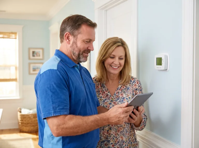 Oceanview technician showing a homeowner thermostat options on a tablet