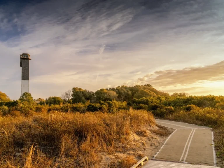 Charleston Light on Sullivan's Island, South Carolina, at sunset