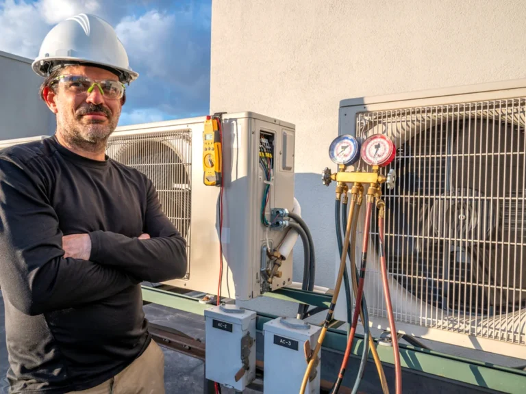 HVAC technician beside ductless mini split condenser units with manifold gauges