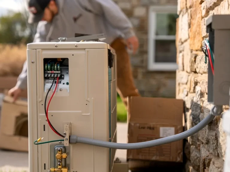 New heat pump outdoor unit being installed beside a home