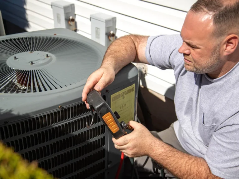Oceanview technician testing an outdoor heat pump with a multimeter