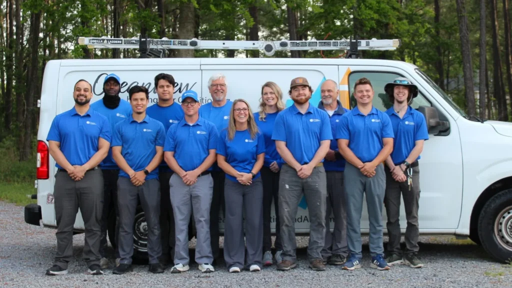 The Oceanview Heating and Air team in front of a service van